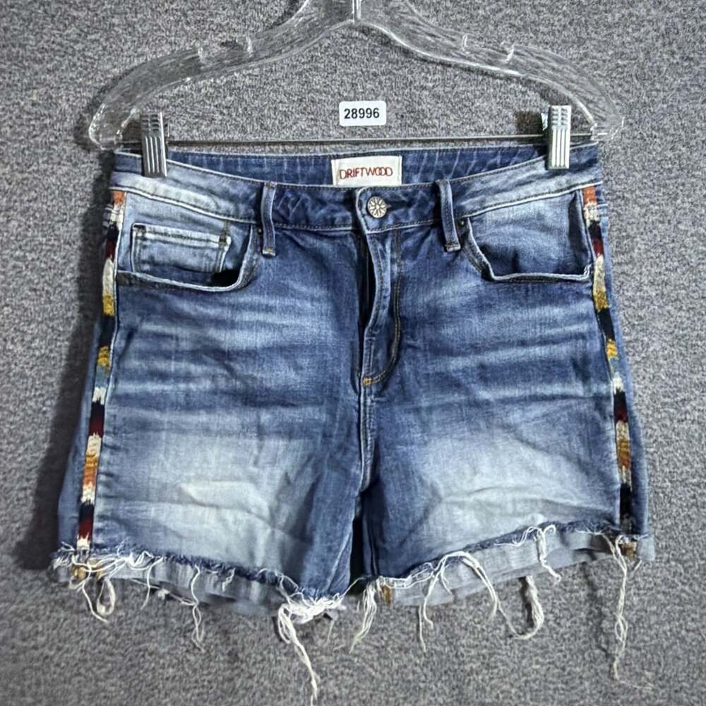 Driftwood Lulu Women's 28 x 4.5" Blue Denim Embroidered Distressed Shorts
